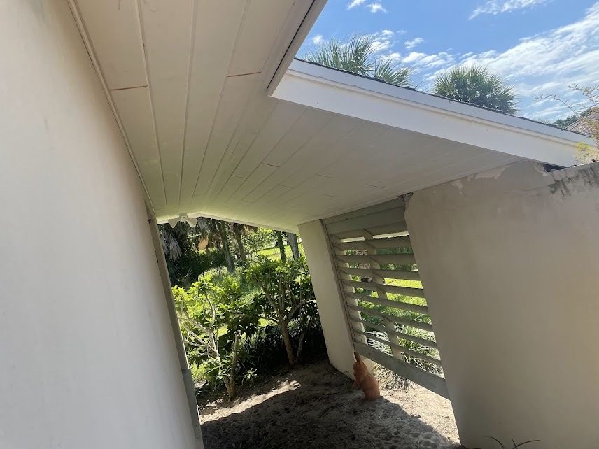 Freshly painted soffit and eave alongside a louvered exterior shutter