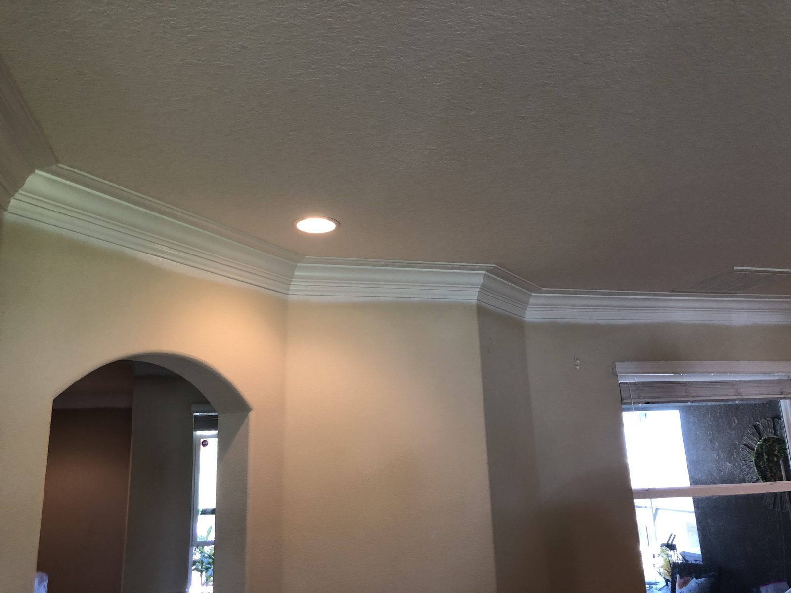 Crown molding running past an arched opening in a Florida living room